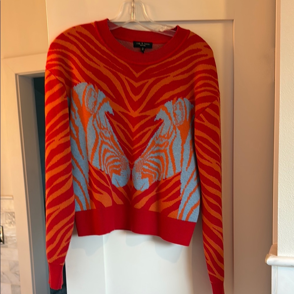 rag & bone Zebra Red and Blue Crew Neck Sweater